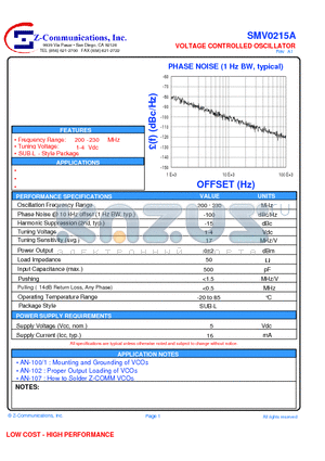 SMV0215A datasheet - VOLTAGE CONTROLLED OSCILLATOR