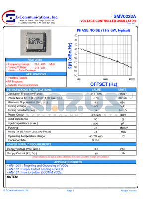 SMV0222A datasheet - LOW COST - HIGH PERFORMANCE VOLTAGE CONTROLLED OSCILLATOR