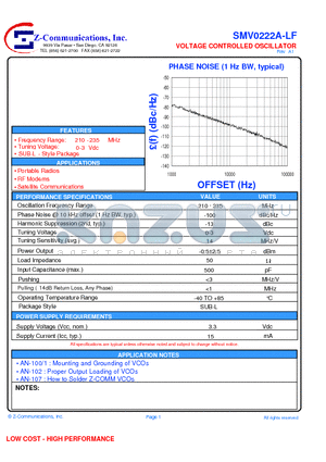 SMV0222A-LF datasheet - VOLTAGE CONTROLLED OSCILLATOR