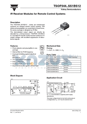 TSOP34433SS1BS12 datasheet - IR Receiver Modules for Remote Control Systems