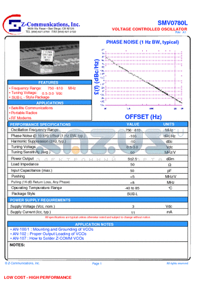 SMV0780L datasheet - LOW COST - HIGH PERFORMANCE VOLTAGE CONTROLLED OSCILLATOR