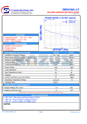 SMV0780L-LF datasheet - VOLTAGE CONTROLLED OSCILLATOR