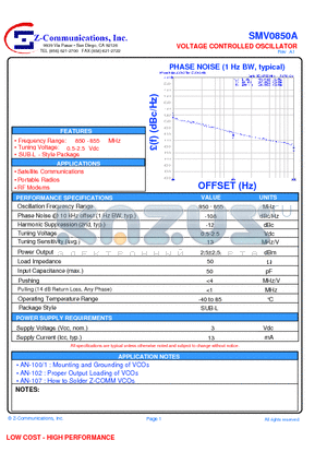 SMV0850A datasheet - VOLTAGE CONTROLLED OSCILLATOR