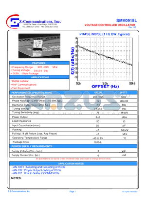 SMV0915L datasheet - LOW COST - HIGH PERFORMANCE VOLTAGE CONTROLLED OSCILLATOR
