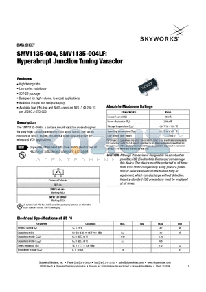 SMV1135-004 datasheet - Hyperabrupt Junction Tuning Varactor
