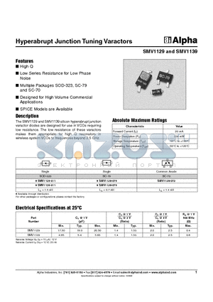 SMV1129 datasheet - Hyperabrupt Junction Tuning Varactors