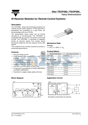 TSOP382 datasheet - IR Receiver Modules for Remote Control Systems