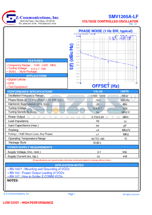 SMV1205A-LF datasheet - VOLTAGE CONTROLLED OSCILLATOR