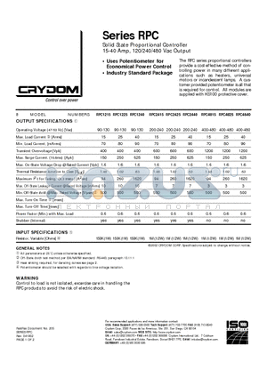 RPC1215 datasheet - Solid State Proportional Controller 15-40 Amp, 120/240/480 Vac Output