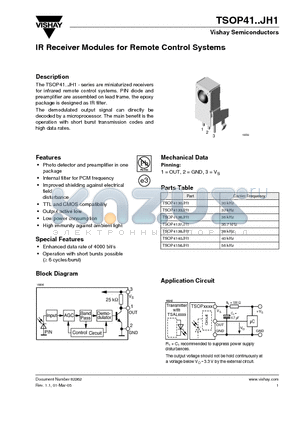 TSOP4137JH1 datasheet - IR Receiver Modules for Remote Control Systems