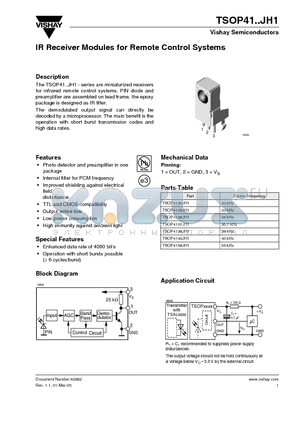 TSOP4140JH1 datasheet - IR Receiver Modules for Remote Control Systems