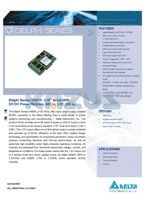 V48SR1R225NMFA datasheet - Delphi Series V48SR, 1/16th Brick 66W DC/DC Power Modules: 48V in, 1.2V, 25A out