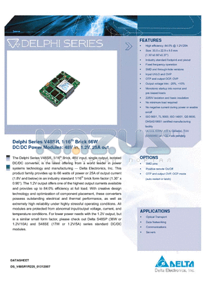 V48SR1R225PMFA datasheet - Delphi Series V48SR, 1/16th Brick 66W DC/DC Power Modules: 48V in, 1.2V, 25A out