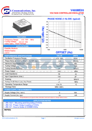 V495ME03 datasheet - LOW COST - HIGH PERFORMANCE VOLTAGE CONTROLLED OSCILLATOR