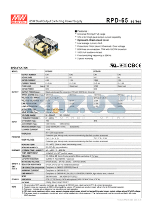 RPD-65 datasheet - 65W Dual Output Switching Power Supply