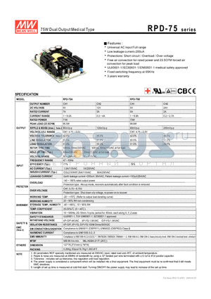 RPD-75 datasheet - 75W Dual Output Medical Type