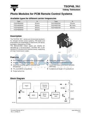 TSOP4833YA1 datasheet - Photo Modules for PCM Remote Control Systems