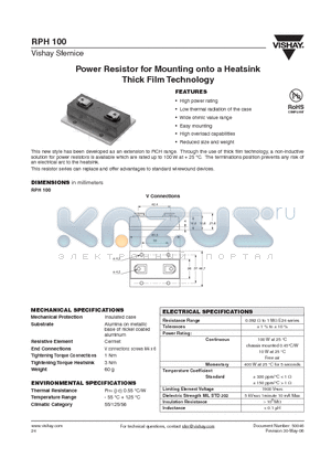 RPH100 datasheet - Power Resistor for Mounting onto a Heatsink Thick Film Technology