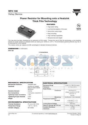 RPH100100K5VXXXB05E datasheet - Power Resistor for Mounting onto a Heatsink Thick Film Technology