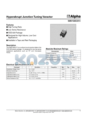 SMV1245-011 datasheet - Hyperabrupt Junction Tuning Varactor