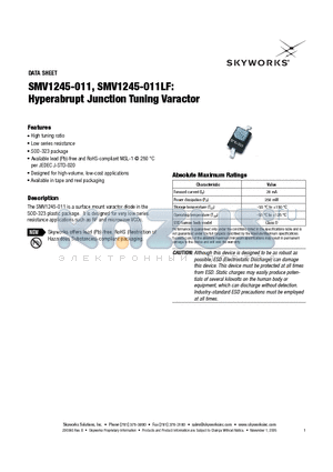 SMV1245-011 datasheet - Hyperabrupt Junction Tuning Varactor