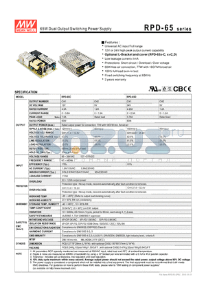 RPD-65_10 datasheet - 65W Dual Output Switching Power Supply