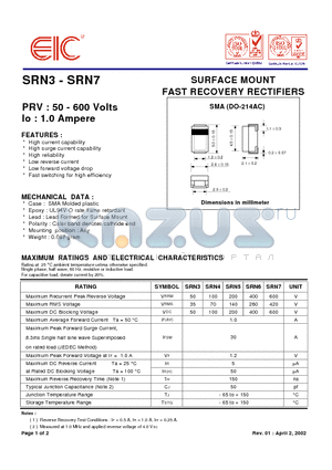 SRN3 datasheet - SURFACE MOUNT FAST RECOVERY RECTIFIERS