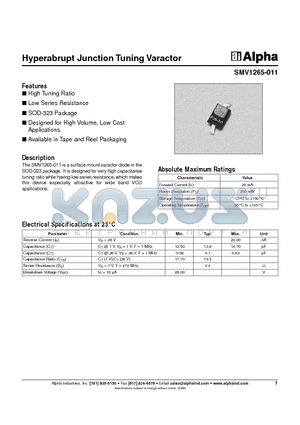 SMV1265 datasheet - Hyperabrupt Junction Tuning Varactor