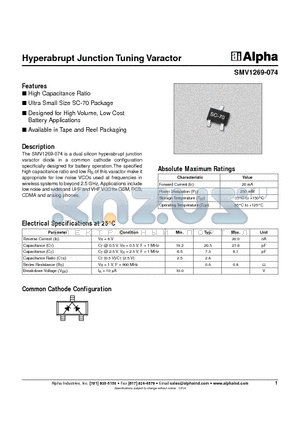 SMV1269-074 datasheet - Hyperabrupt Junction Tuning Varactor