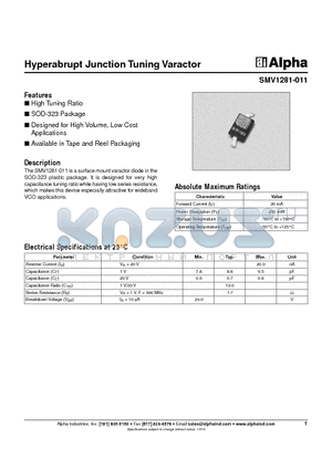 SMV1281-011 datasheet - Hyperabrupt Junction Tuning Varactor