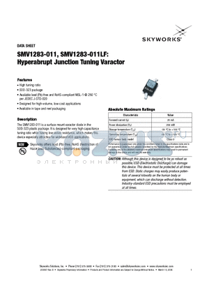 SMV1283-011LF datasheet - Hyperabrupt Junction Tuning Varactor