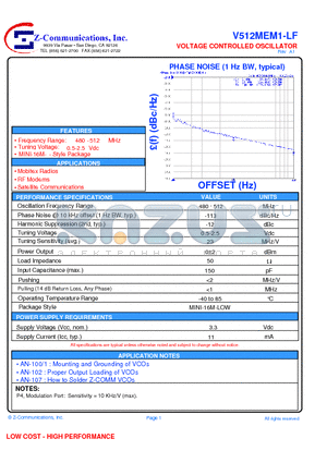 V512MEM1-LF datasheet - VOLTAGE CONTROLLED OSCILLATOR