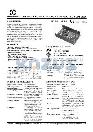 PFC200 datasheet - 200 WATT POWER FACTOR CORRECTED SUPPLIES