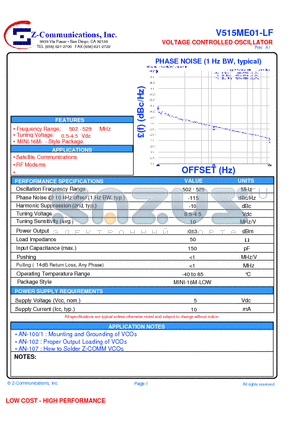 V515ME01-LF datasheet - VOLTAGE CONTROLLED OSCILLATOR