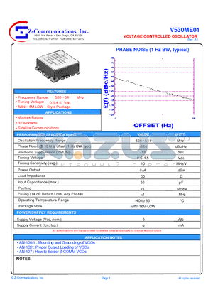 V530ME01 datasheet - LOW COST - HIGH PERFORMANCE VOLTAGE CONTROLLED OSCILLATOR