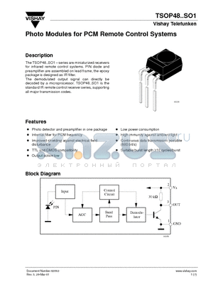 TSOP48SO1 datasheet - Photo Modules for PCM Remote Control Systems