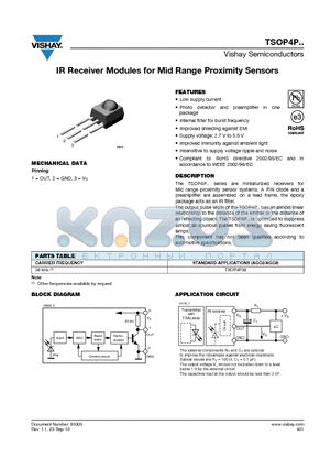 TSOP4P38 datasheet - IR Receiver Modules for Mid Range Proximity Sensors