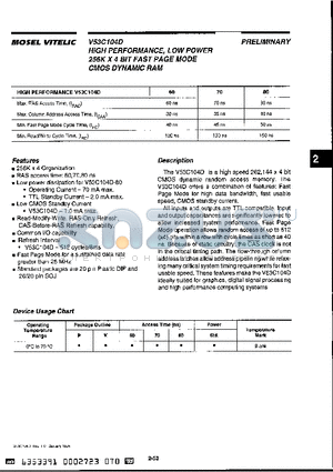 V53C104DK70L datasheet - HIGH PERFORMANCE, LOW POWER 256K X 4 BIT FAST PAGE MODE CMOS DYNAMIC RAM