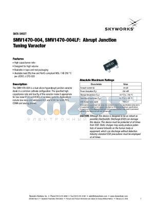 SMV1470-004 datasheet - Abrupt Junction Tuning Varactor