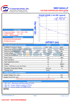 SMV1505A-LF datasheet - VOLTAGE CONTROLLED OSCILLATOR