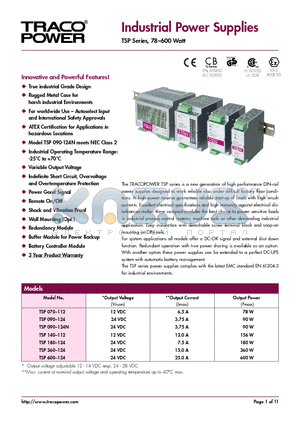 TSP datasheet - Industrial Power Supplies (TSP Series, 78 - 600 Watt)