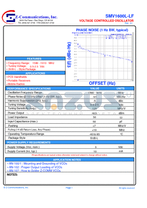 SMV1600L-LF datasheet - VOLTAGE CONTROLLED OSCILLATOR