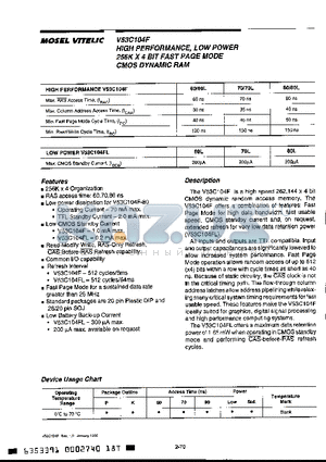 V53C104FK70L datasheet - HIGH PERFORMANCE, LOW POWER 256K X 4 BIT FAST PAGE MODE CMOS DYNAMIC RAM