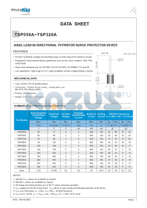 TSP058A datasheet - AXIAL LEAD BI-DIRECTIONAL THYRISTOR SURGE PROTECTOR DEVICE