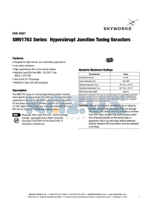 SMV1763 datasheet - Hyperabrupt Junction Tuning Varactors