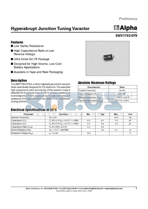 SMV1763-079 datasheet - Hyperabrupt Junction Tuning Varactor