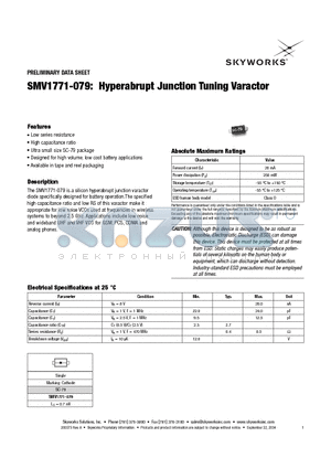 SMV1771-079 datasheet - Hyperabrupt Junction Tuning Varactor