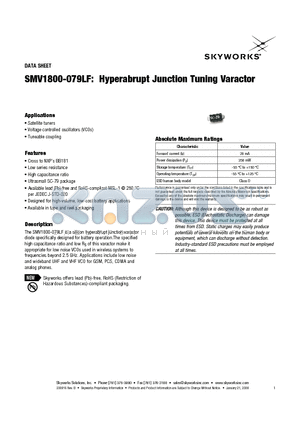 SMV1800-079LF datasheet - Hyperabrupt Junction Tuning Varactor
