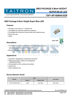 TSP1-BF1608H8-2528 datasheet - 0603 PACKAGE 0.8mm HEIGHT SUPER BLUE LED