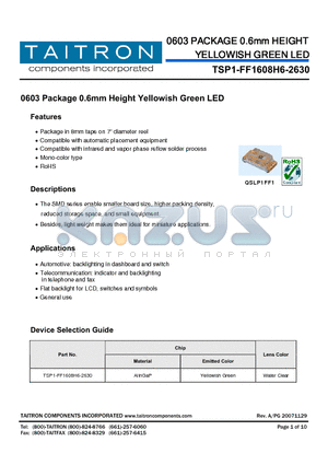 TSP1-FF1608H6-2630 datasheet - 0603 PACKAGE 0.6mm HEIGHT YELLOWISH GREEN LED